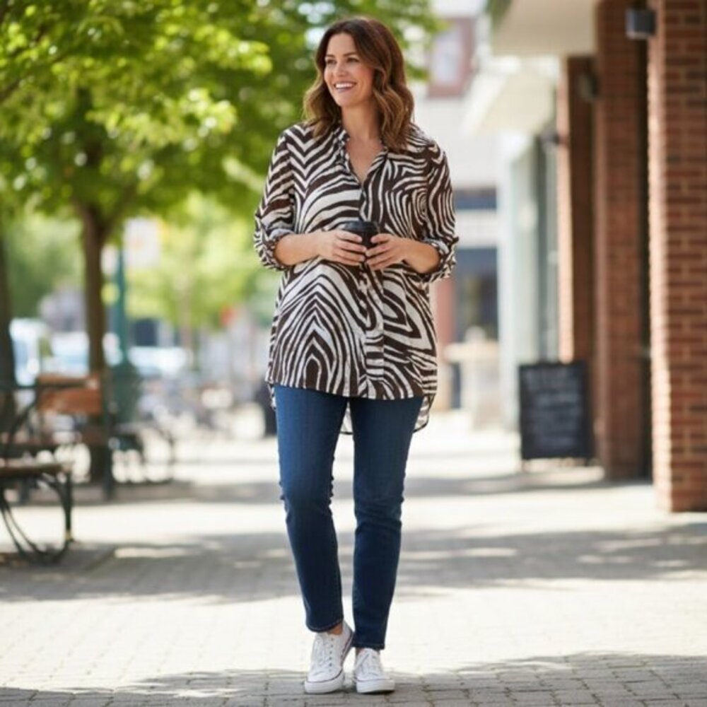 EUC Chicos Women's Brown Sheer Animal Zebra Button Up Tunic Blouse Top L 12/14